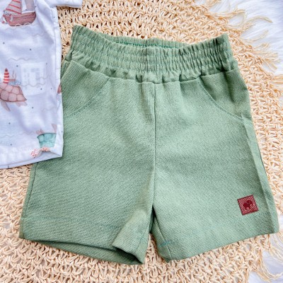 Conj. Camisa Tartarugas e Bermuda em Linho - Branco e Verde 